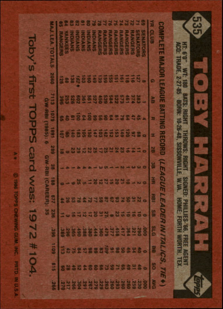 1986 Topps #535 Toby Harrah back image