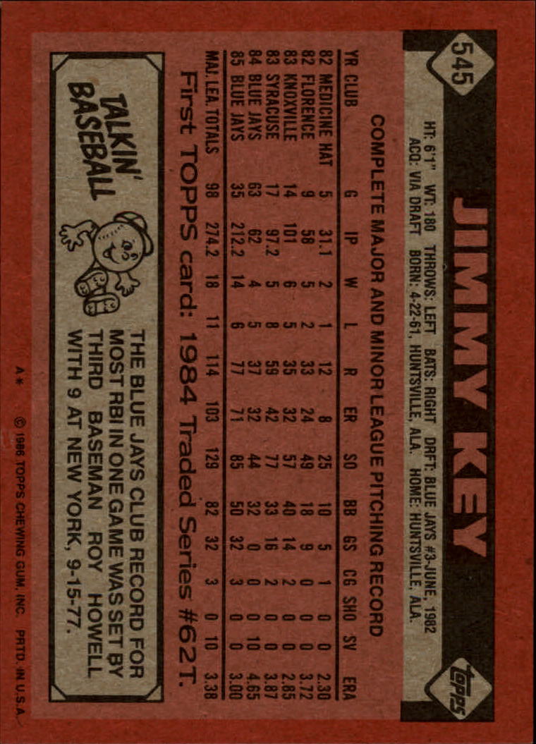 1986 Topps #545 Jimmy Key back image