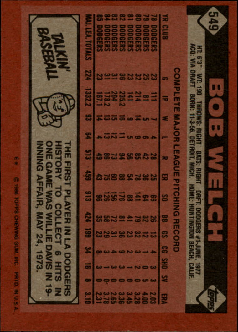 1986 Topps #549 Bob Welch back image