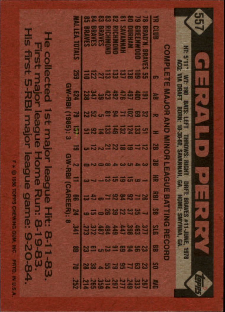 1986 Topps #557 Gerald Perry back image