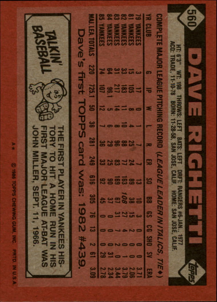 1986 Topps #560 Dave Righetti back image