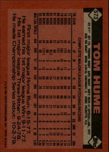 1986 Topps #573 Tom Hume back image