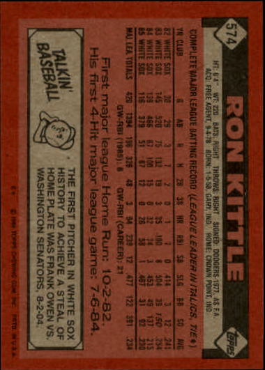 1986 Topps #574 Ron Kittle back image