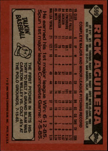 1986 Topps #599 Rick Aguilera RC back image