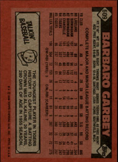 1986 Topps #609 Barbaro Garbey back image