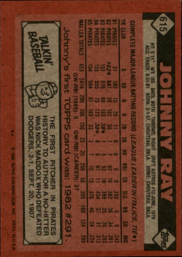 1986 Topps #615 Johnny Ray back image