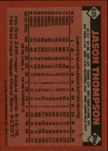 1986 Topps #635 Jason Thompson back image