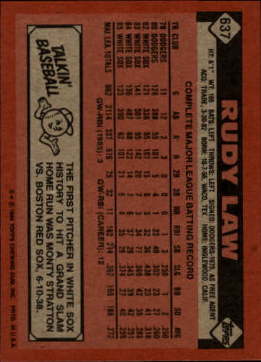 1986 Topps #637 Rudy Law back image
