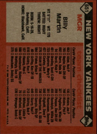 1986 Topps #651 Billy Martin MG/TC back image