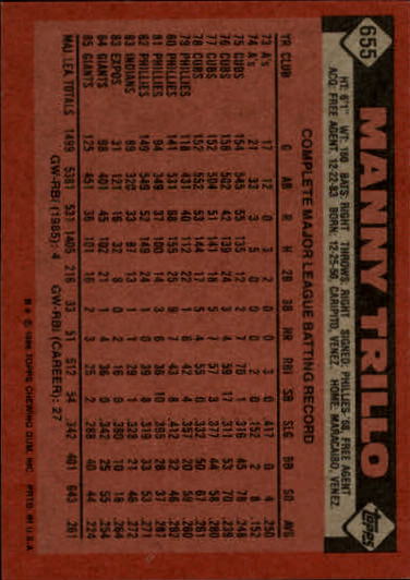 1986 Topps #655 Manny Trillo back image