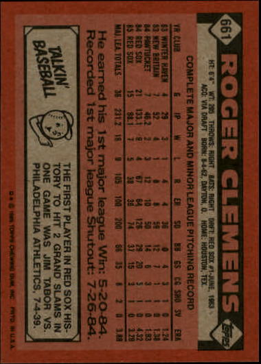 1986 Topps #661 Roger Clemens back image