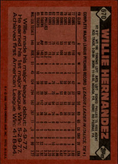 1986 Topps #670 Willie Hernandez back image