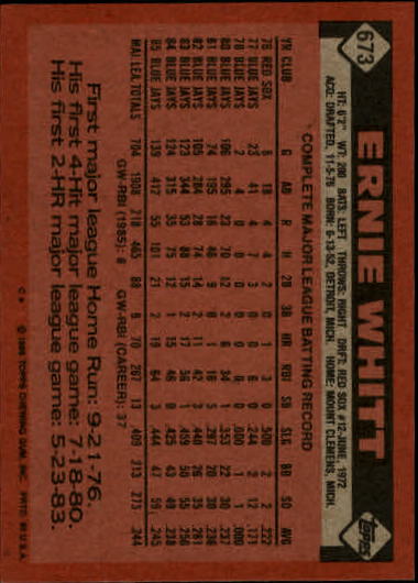 1986 Topps #673 Ernie Whitt back image