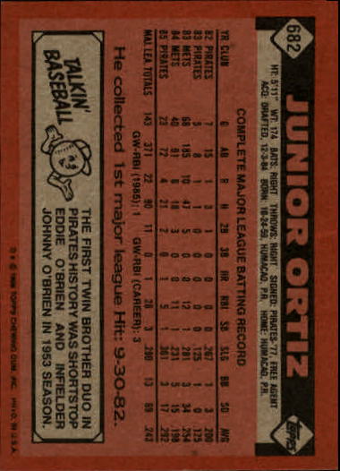 1986 Topps #682 Junior Ortiz back image
