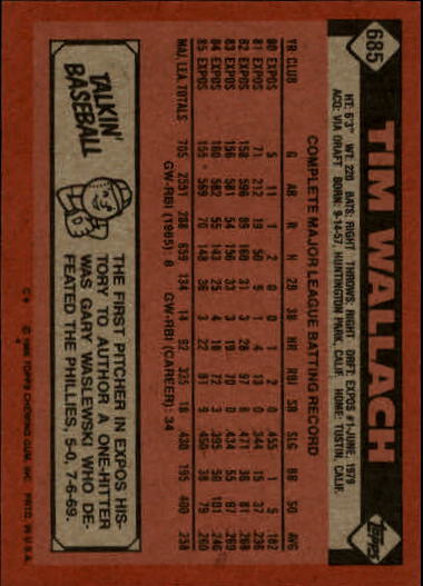 1986 Topps #685 Tim Wallach back image