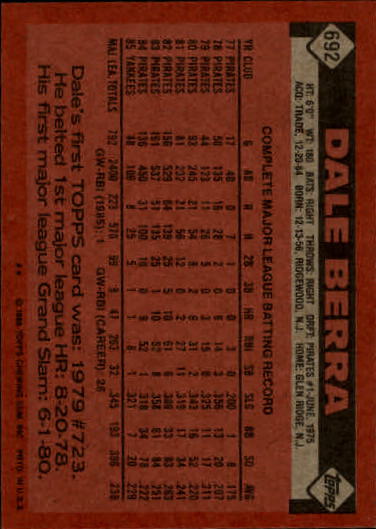 1986 Topps #692 Dale Berra back image