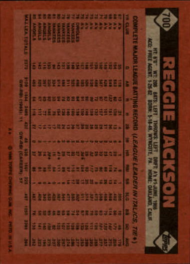 1986 Topps #700 Reggie Jackson back image