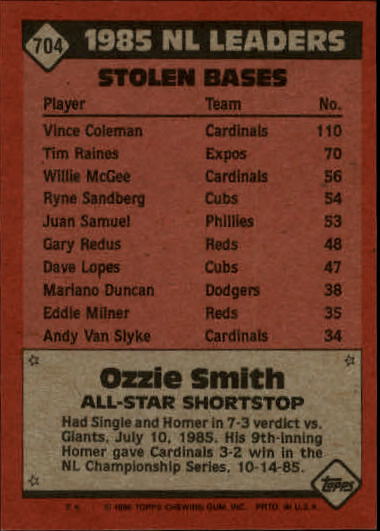 1986 Topps #704 Ozzie Smith AS back image