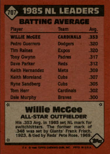 1986 Topps #707 Willie McGee AS back image