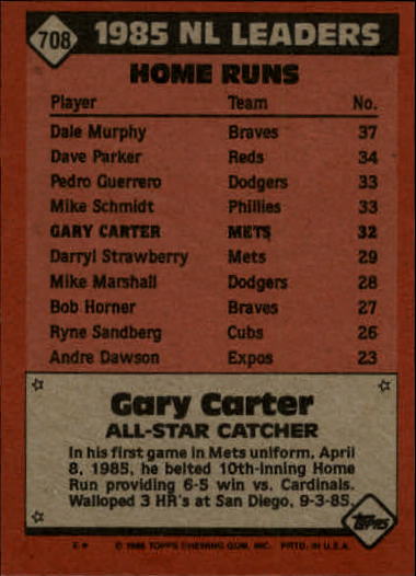 1986 Topps #708 Gary Carter AS back image