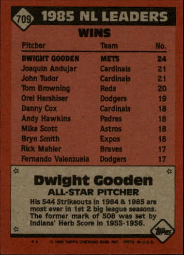 1986 Topps #709 Dwight Gooden AS back image
