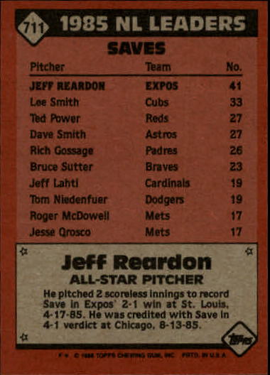1986 Topps #711 Jeff Reardon AS back image
