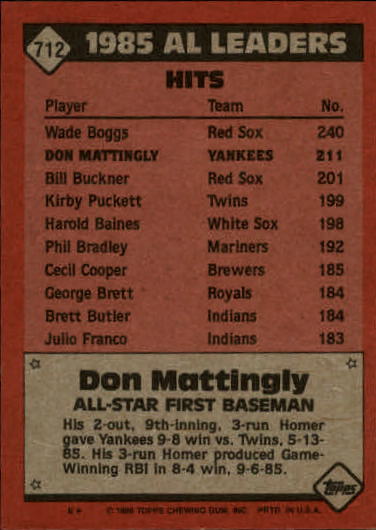 1986 Topps #712 Don Mattingly AS back image