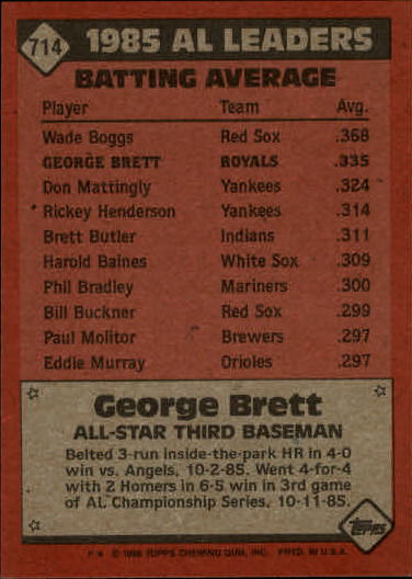 1986 Topps #714 George Brett AS back image