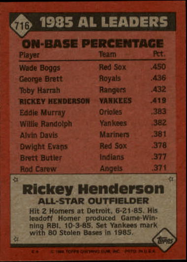 1986 Topps #716 Rickey Henderson AS back image