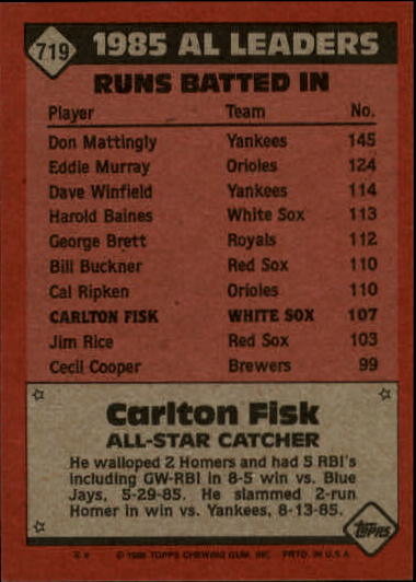 1986 Topps #719 Carlton Fisk AS back image