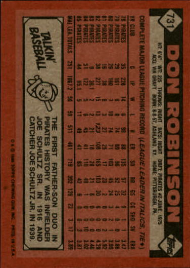 1986 Topps #731 Don Robinson back image