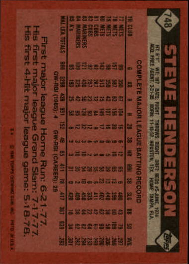 1986 Topps #748 Steve Henderson back image