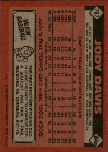 1986 Topps #767 Jody Davis back image