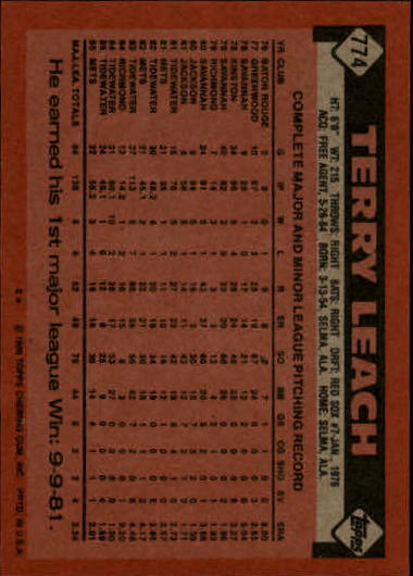 1986 Topps #774 Terry Leach back image
