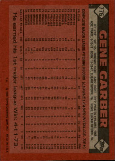 1986 Topps #776 Gene Garber back image