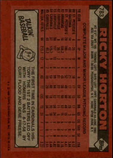 1986 Topps #783 Ricky Horton back image