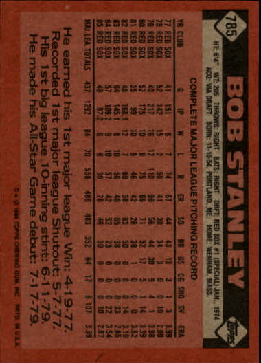 1986 Topps #785 Bob Stanley back image