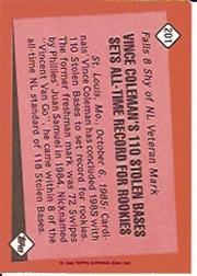 1986 Topps Tiffany #201 Vince Coleman RB/Most stolen bases&/season& rook back image