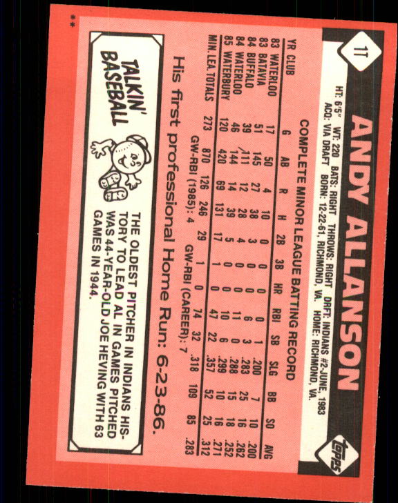 1986 Topps Traded #1T Andy Allanson XRC back image