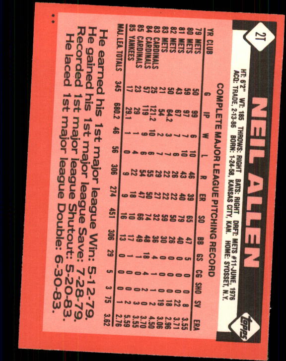 1986 Topps Traded #2T Neil Allen back image