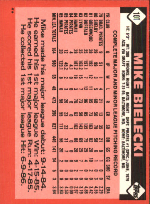 1986 Topps Traded #10T Mike Bielecki back image