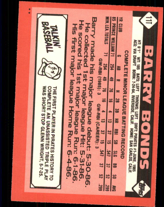 1986 Topps Traded #11T Barry Bonds XRC back image