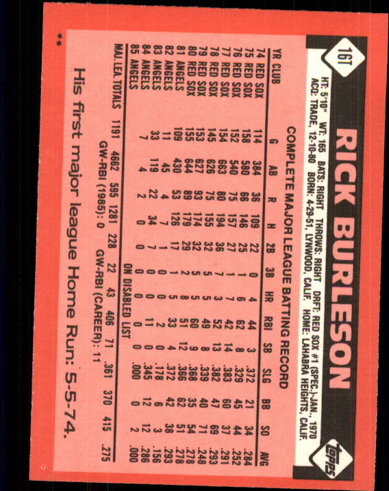 1986 Topps Traded #16T Rick Burleson back image