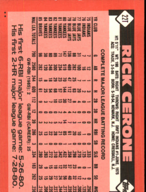 1986 Topps Traded #22T Rick Cerone back image