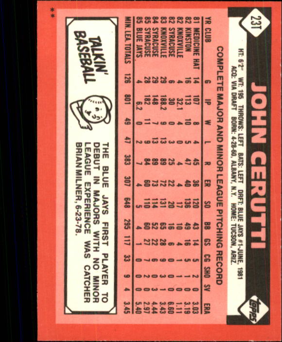 1986 Topps Traded #23T John Cerutti back image