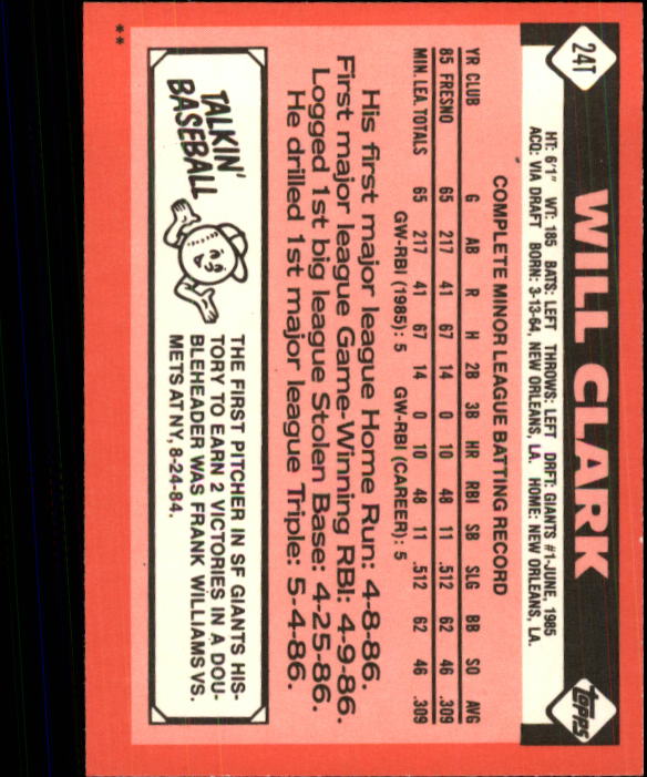1986 Topps Traded #24T Will Clark XRC back image