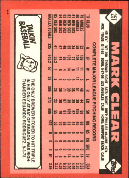 1986 Topps Traded #25T Mark Clear back image