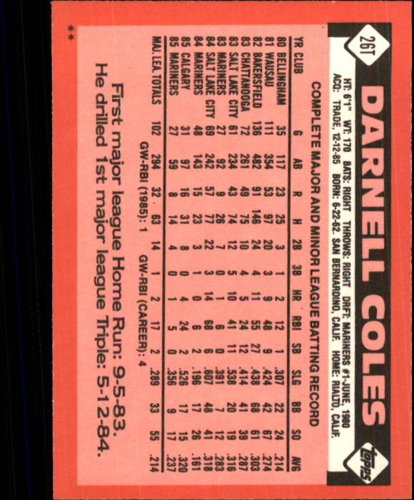 1986 Topps Traded #26T Darnell Coles back image
