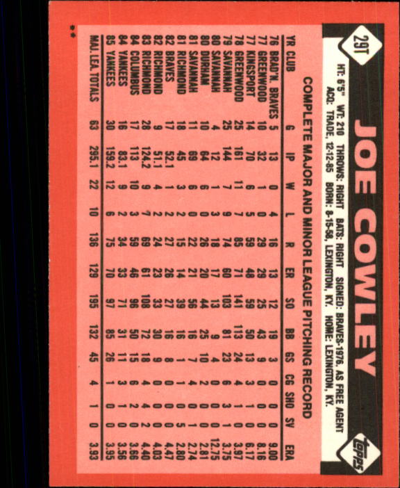 1986 Topps Traded #29T Joe Cowley back image