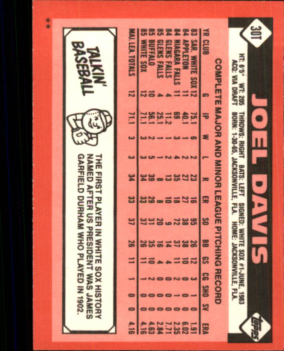 1986 Topps Traded #30T Joel Davis back image